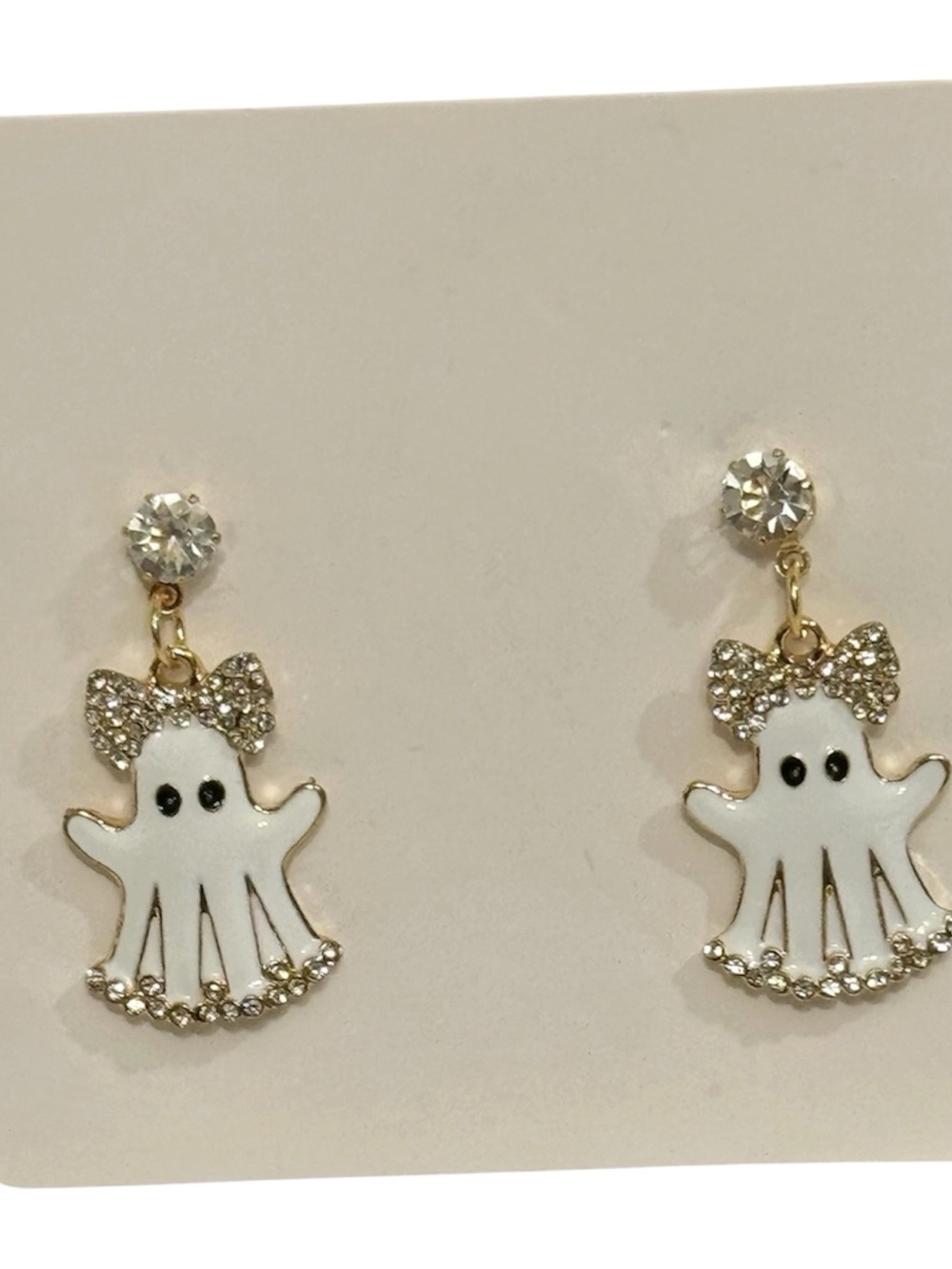 NWT Gold-Tone White Ghost Drop Pierced Earrings with Crystal Bow
